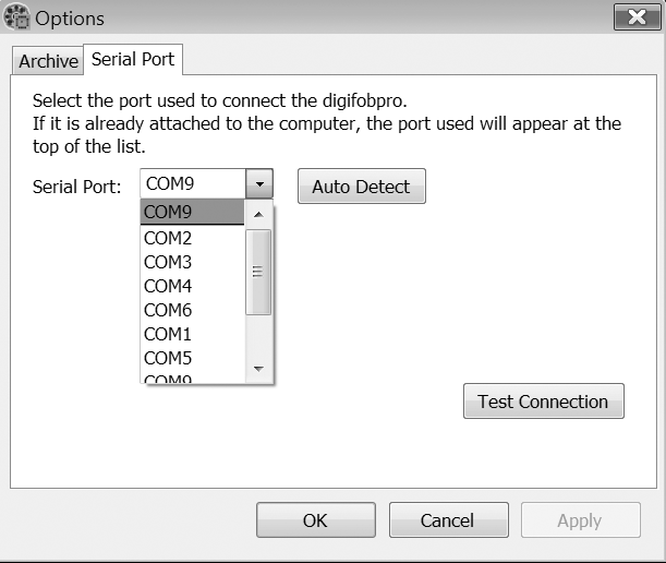 PC Csatlakozási hibakeresés Hibakeresés A Digifobpro és a számítógép a COM (soros) porton keresztül csatlakozik. Ez nem egy fizikai port, pusztán egy Windows környezetben levő beállítás.