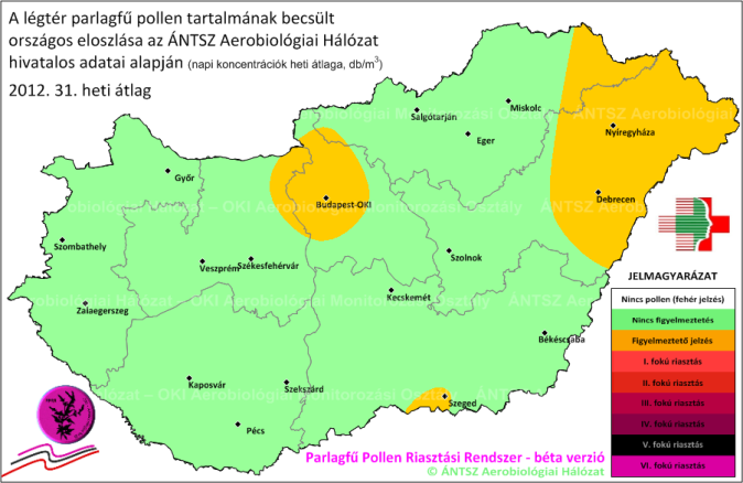 8. ábra A 2012-es és 2013-as parlagfű szezon összehasonlítása a parlagfű szezon első három hetében a PPRR-ben mért értékek alapján. 2013. júl 22-28.