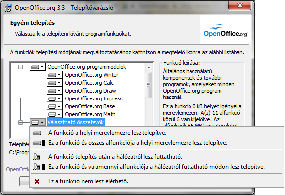 KEZDŐ LÉPÉSEK 19 a Microsoft programokat továbbra is használjuk, akkor inkább hagyjuk üresen ezeket a jelölőnégyzeteket! 1-2. ábra. Megadjuk a telepítendő komponenseket 10.