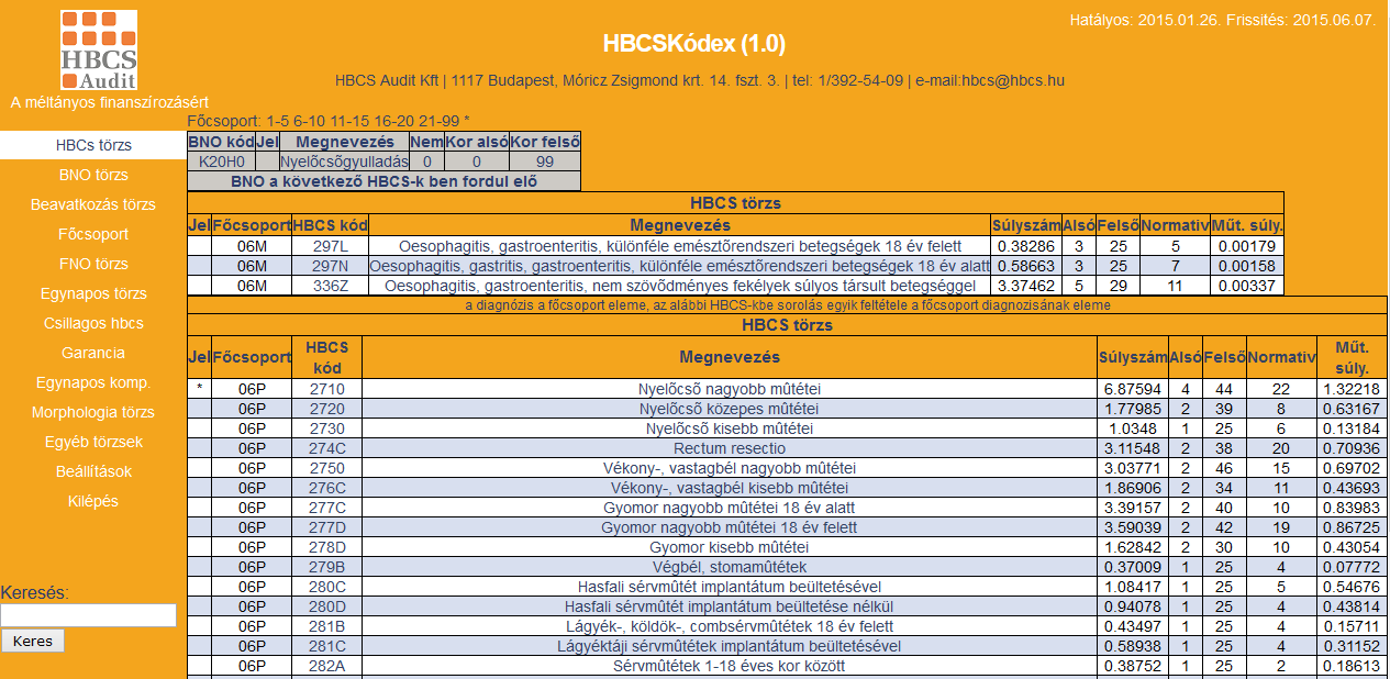 Adott HBCS besorolási szabályainak megjelenítéséhez a keresett HBCS kódra vagy megnevezésére kell kattintani (ld. az Általános információk menüpontban).