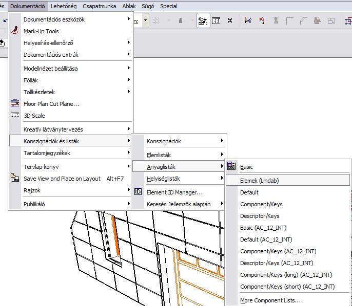 A Lindab termékeket összetevőként listázzuk. ArchiCAD listázás elérése: Fontos! Listázásnál automatikusan szűri a program a Lindab elemeket. Egyes esetekben, pl.