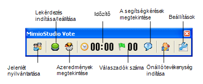 MimioVote Vote eszköztár névjegye A Vote eszköztár tartalmazza az eszközöket, amelyek szükségesek a jelenlét nyilvántartásához, az osztálytermi tevékenységek lebonyolításához, a tanulók válaszainak