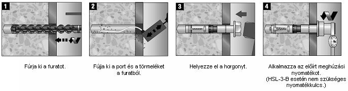HSL-3 nehéz tőcsavar Elhelyezés Elhelyezéshez szükséges eszközök Horgonyméret M8 M10 M12 M16 M20 M24 Fúrókalapács TE2 TE16 TE40 TE70 Egyéb szerszámok kalapács, nyomatékkulcs, kifúvópumpa Elhelyezési