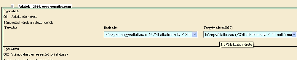 1)Ügyféladat/Projektadat: Az adat szintjét mutatja meg. A vállalkozás egészére vonatkozó adatoknál az Ügyféladat elnevezés, a projekt adatnál pedig a jogcím neve jelenik meg ebben a mezőben.