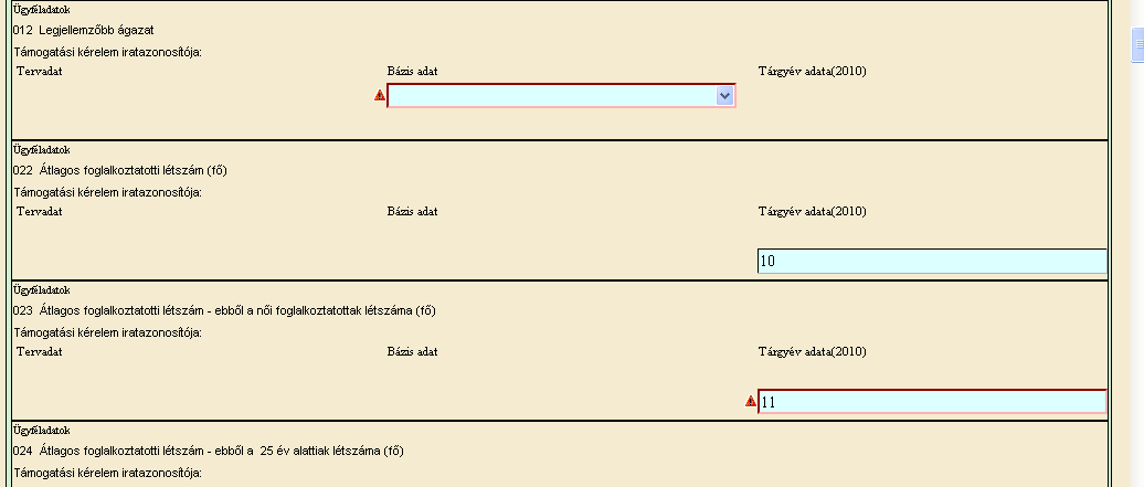 A pdf felületen csak a berögzített adatok jelennek meg, az aktív, de nem kitöltött mezők nem.