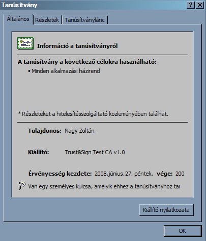 21. ábra A 21. ábrán az Információ a tanúsítványról szöveg előtt az oklevelet jelképező ikonnak kell megjelennie.