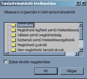 Ezen a felületen ellenőrizni kell, hogy a Tanúsítványtároló mezőnél a Személyes felirat jelenjen meg és a Minden tanúsítvány tárolása ebben a tárolóban rádió gomb legyen bejelölve!