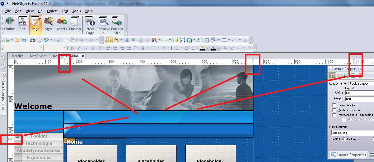 2.4.5.1 Keretek módosítása: Célszerű ezt minél hamarabb beállítani. Itt adhatjuk meg (a jelzett területeken), milyen széles legyen a weboldalunk.