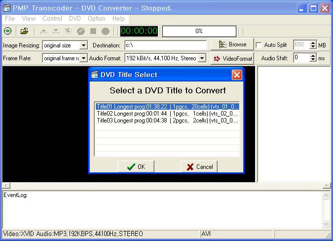 Válassza ki menüből: File Open DVD/DVD Directory, majd megjelenik a DVD Title Select ablak. Válassza ki a DVD file-t.