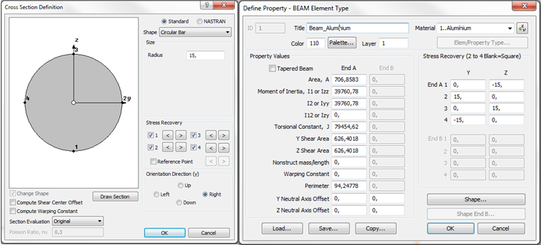 In Define Material ISOTROPIC dialog box set Title: Aluminum Young Modulus, E: 6,9E4 Poisson s Ratio, nu: 0,33 Mass Density: 2,7E-6 (material 1 created), then Cancel A tulajdonság definiálása // A már