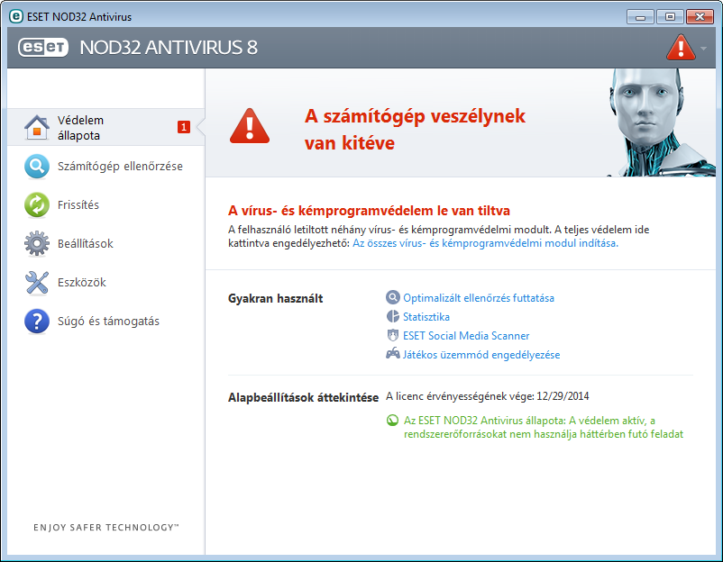 Teendők, ha a program nem működik megfelelően Ha az engedélyezett modulok megfelelően működnek, a védelmi állapot ikonja zöld lesz.