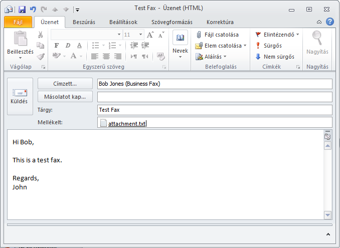 Képernyőfelvétel 8: Fax küldése a Microsoft Outlook programból Fontos megjegyzések: 1. Ez a továbbítási eljárás faxformátumba (*.fax) alakítja a faxüzeneteket a GFI FaxMaker kiszolgálón.