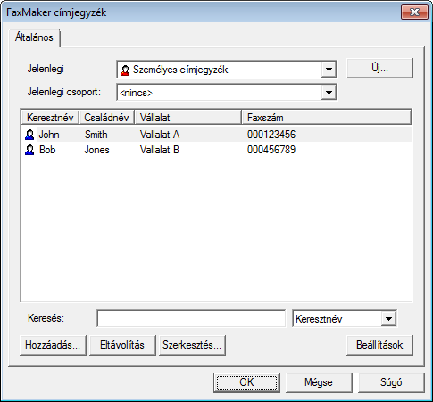 Képernyőfelvétel 13: A GFI FaxMaker címjegyzéke A GFI FaxMaker címjegyzéke az alábbiakat tartalmazza: Címjegyzékek - Kapcsolattartók és csoportok jegyzéke. Több címjegyzék is létrehozható.
