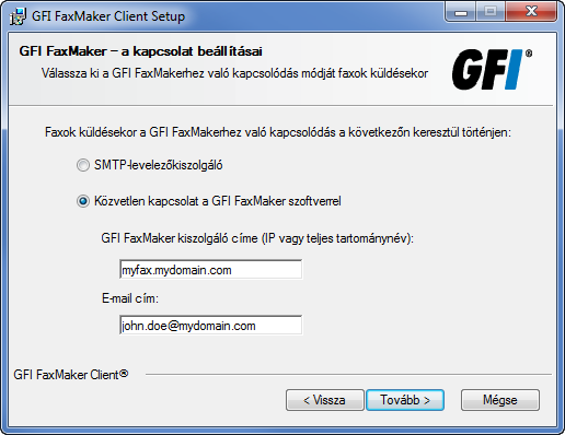 Képernyőfelvétel 3: Kapcsolódás a GFI FaxMaker szoftverhez 5. A GFI FaxMaker faxüzenetűrlap telepítése esetén adja meg, hogyan történjen a kapcsolódás a GFI FaxMaker szoftverhez.