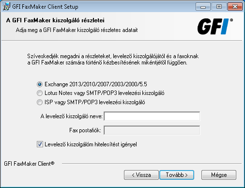 Képernyőfelvétel 4: A levelezőkiszolgáló megadása 6. Ha e-mailen keresztül kapcsolódik a GFI FaxMaker szoftverhez, adja meg a levelezőkiszolgáló adatait.