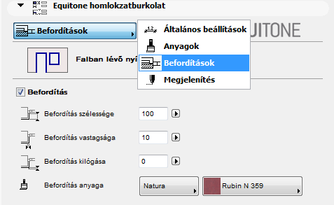 Önnek lehetősége van beállítani, hogy az ablakok és az ajtók körüli kávákra milyen módon és milyen mélységben fordítja be a külső burkolatot.