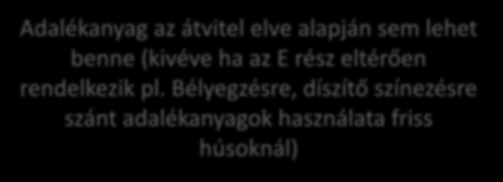 sem lehet benne (kivéve ha az E rész eltérően rendelkezik pl. Bélyegzésre, díszítő színezésre szánt adalékanyagok használata friss húsoknál) II.