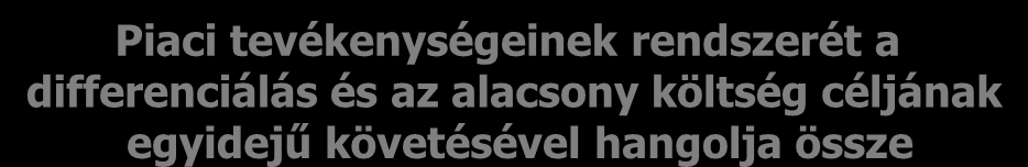 Vörös óceán stratégia A meglévő piaci térben versenyez Legyőzi a konkurenciát Kiaknázza a meglévő keresletet Érték/költség kompromisszumot köt Piaci tevékenységeinek rendszerét a differenciálás vagy