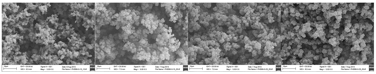 F5. ábra PHEMA-5-10/15/20/25 SEM felvételei10000x nagyításban, 1 és 2 µm