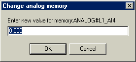 Szimuláció: Analóg memória Analog Memory Minden analóg érték megfigyelhető. Minden analóg érték az Érték oszlopban, és 32 bites hexadecimal értékként a Hex oszlopban jelenik meg.