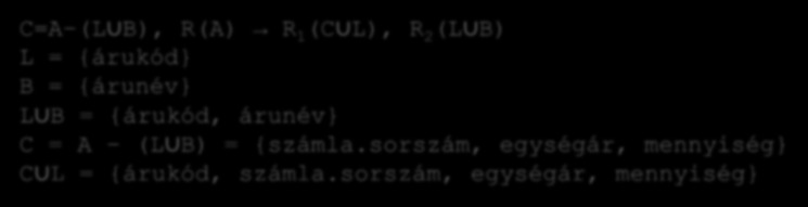 2. NORMÁLFORMÁRA HOZÁS Megoldás. Tétel (árukód, számla.sorszám, árunév, egységár, mennyiség) L A gondot okozó függés (f 2 : {árukód} {árunév}) mentén felbontjuk a sémát két másik sémára.