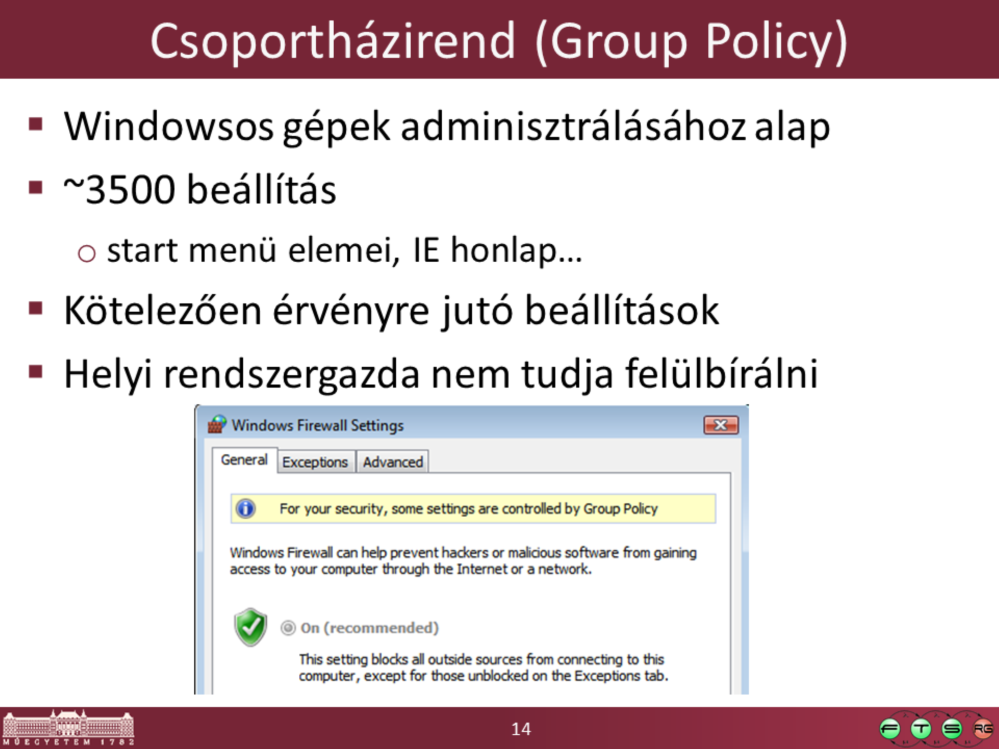 Csoportházirend: olyan technológia, amivel központilag definiálhatunk kötelezően