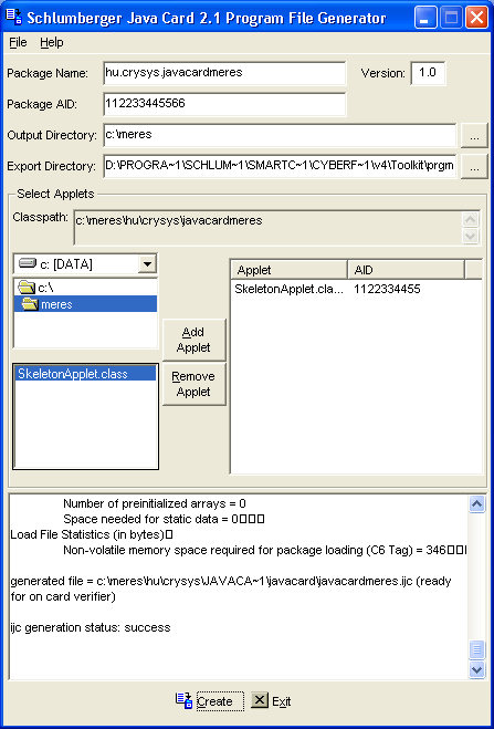 5. ábra. Program File Generator beállításai 3.2.1. Applet feltöltése a kártyára 1. Írjuk meg a Java Card applet forráskódját!