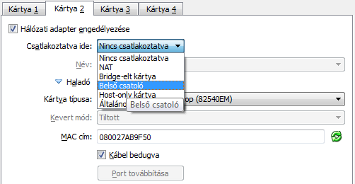 3. Hálózati beállítások lekérdezése és módosítása VirtualBox NAT szolgáltatásához kapcsolódik. Az itt megjelenı beállításokat változatlanul hagyjuk. 10. ábra.