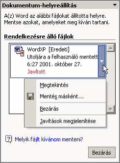 - 22 - A lenyíló menüben található parancsokkal megnyithatjuk a helyreállított dokumentumot, azonnal új néven menthetjük el, bezárhatjuk vagy ellenırizhetjük a helyreállított részeket.