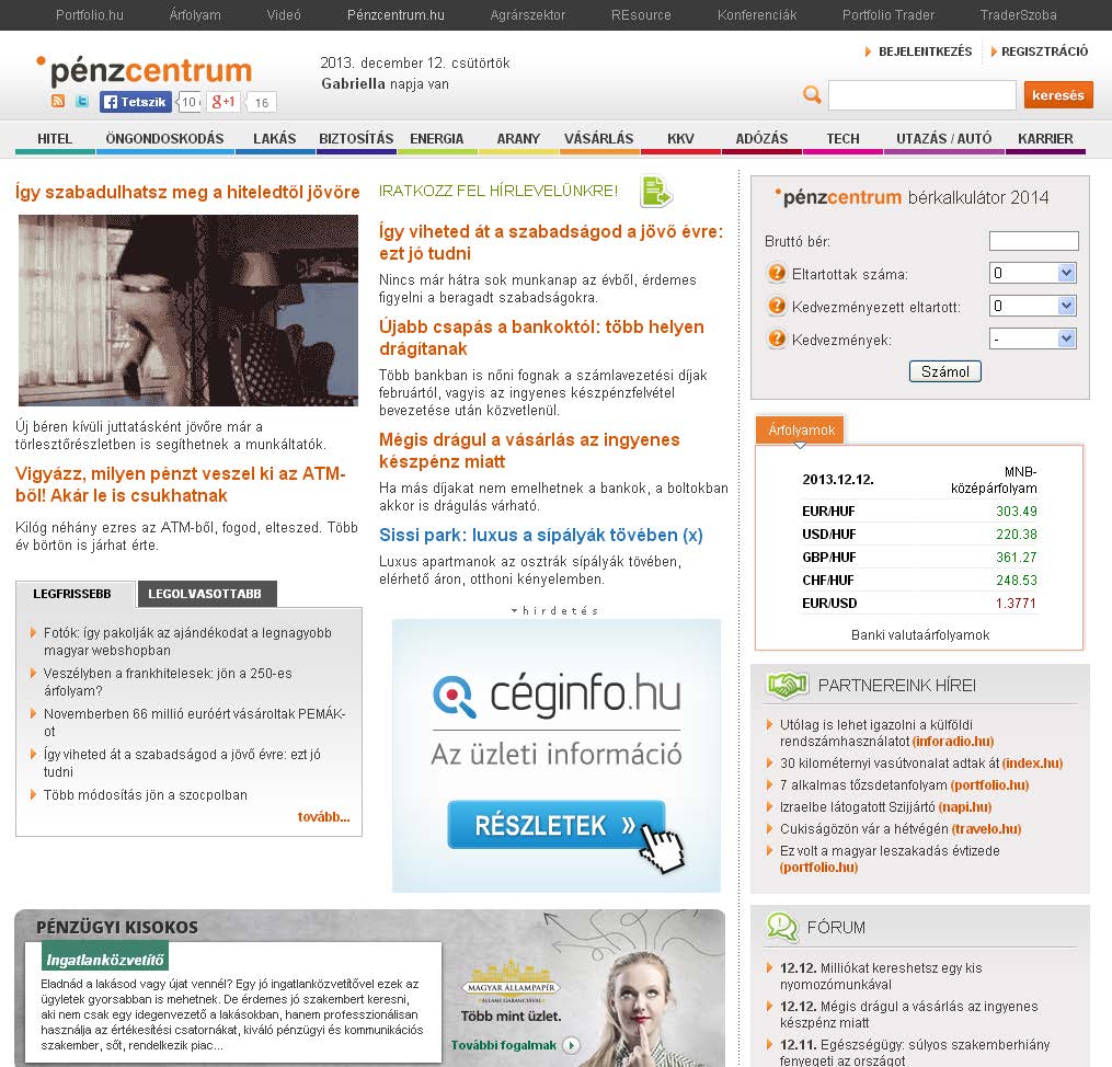 PR CIKK Felület: Pénzcentrum.hu címlap + cikkoldalak (lead kiemelés, szövegdoboz Pénzcentrum.