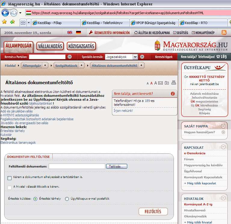 hu/ weboldalon az Általános dokumentumfeltöltı oldalon lehet feltölteni a titkosított fájlokat.