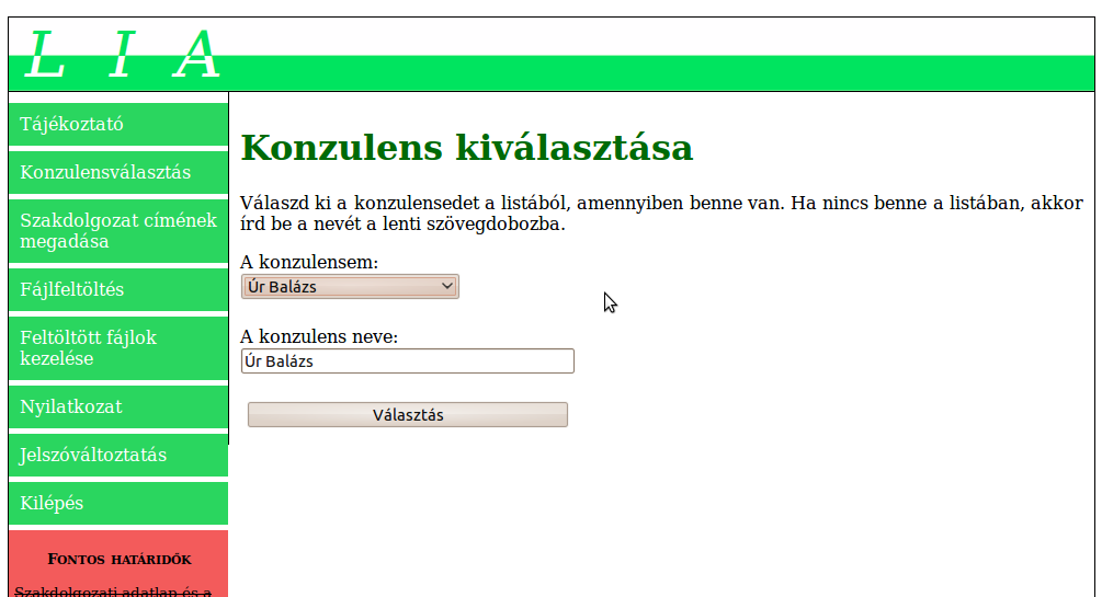 Ha sikerült belépned, akkor a nyilatkozatot fogod látni. A tevékenységlista alapján 3 dolgot kell megtenned: 1. A szakdolgozat végleges, pontos címének megadása 2. Konzulensválasztás 3.