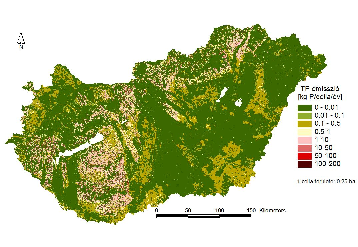 2-2. ábra Összes foszfor (TP) emisszó Magyarországon Magyarország területére vonatkozó összes foszfor-emisszió (TP) területi eloszlását a 2-2. ábrán mutatjuk be.