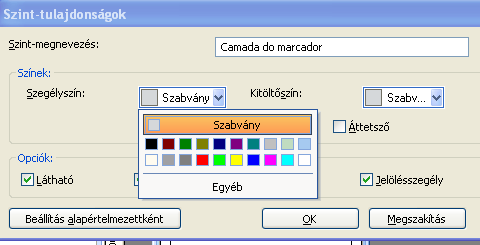 Szint színének módosítása A szint színét a Szint-tulajdonságok ablakban, kétszer a módosítani kívánt szint nevére kattintva módosíthatja (lásd a Szintek szerkesztése fejezetet).