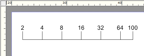 3 példa: Az ábra az alábbi tulajdonságokkal rendelkező logaritmikus értékfutású skálát mutat: Skálahossz 20 mm Skálanullpont balra 2 mm Skálanullpont fent 5 mm Skálamagasság 1.