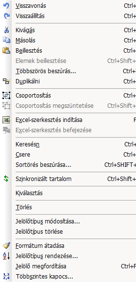 Szerkesztés menü Visszavonás Segítségével az utolsó szerkesztési lépést vonhatja vissza. Visszaállítás Helyreállítja a visszavont lépéseket.