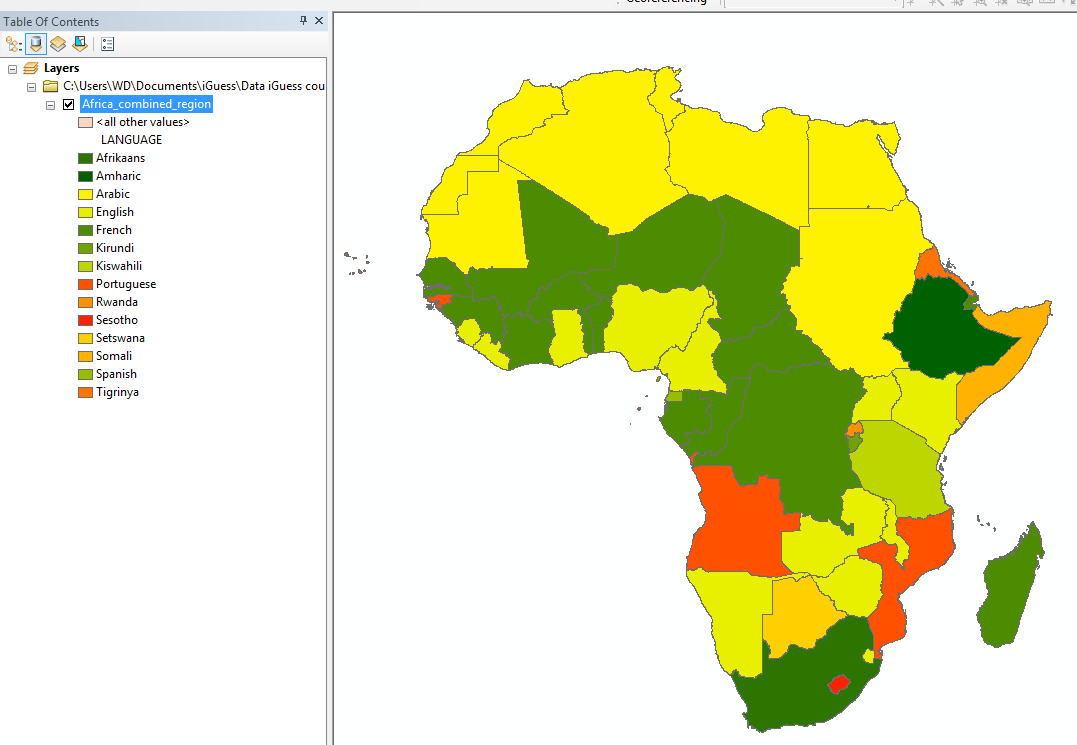 A beszélgetést követően a Layer Properties funkció segítségével megjelenítjük Afrika térképén a különböző hivatalos nyelveket, és mindegyiket más színnel jelöljük ki.