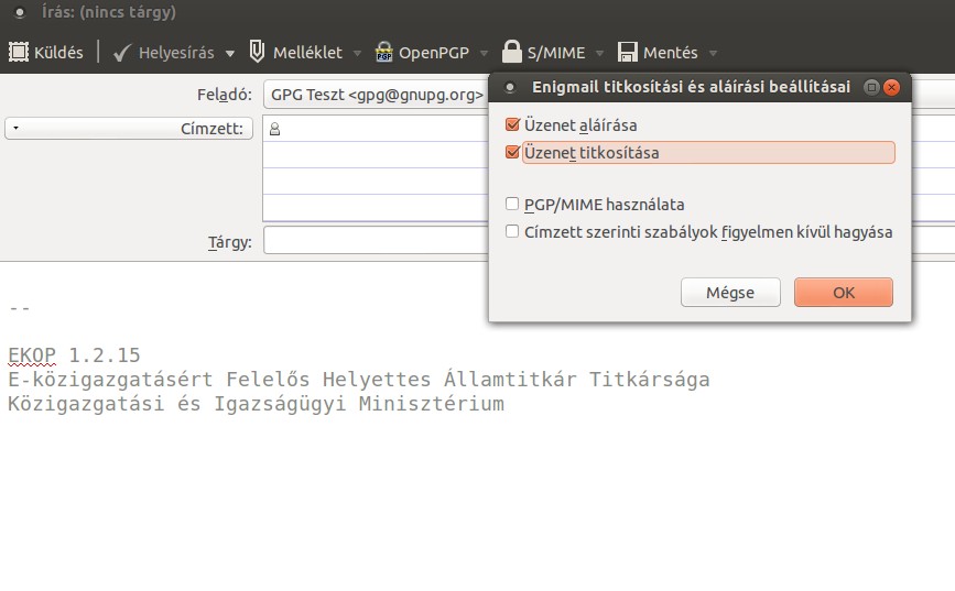 A levelező újraindítás után egy OpenPGP menüvel gyarapodik, ahol a Beállítások között megtalálhatjuk a Beállítás tündért, amely végigvezet minket az alapvető beállításokon, és itt tudjuk kijelölni,