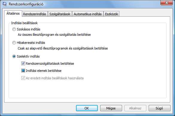Ezeket az elemeket az TOMATIKUS INDÍTÁS lapon választhatjuk ki.