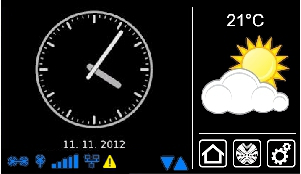 Indító / standard képernyő 1 2 3 4 5 6 1 Fő képernyő terület A fő képernyő területen az időpont és a dátum, valamint adott esetben az időjárásjelentés jelenik meg.
