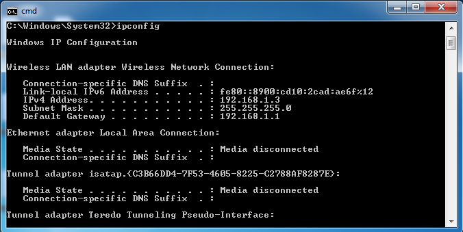 Csatlakozás router -en keresztül A parancssorba gépelje az ipconfig parancsot!