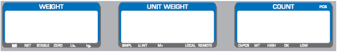 Weight kijelző: Az aktuális tömeg kijelzése Unit weight: Egység terhelés kijelzése Count: Darabszám kijelzése Szimbólum Leírás Az akkumulátor lemerülőben. NET Nettó üzem.
