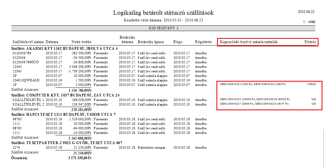 Az új verziótól a rendszer a számlákhoz kapcsolt összes betároláshoz képest mutatja a számla és betárolás összege közti eltérést, összhangban az 1.2. pontban elkészült fejlesztéssel.