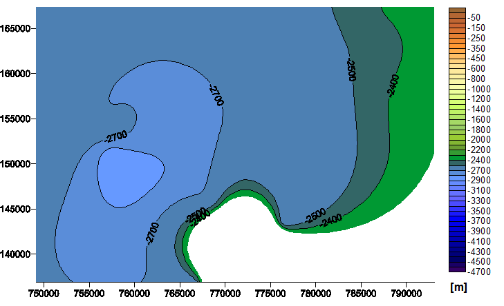 Kutatási terület bemutatása Újfalui formáció tetejének mélység térképe Újfalúi formáció feküjének