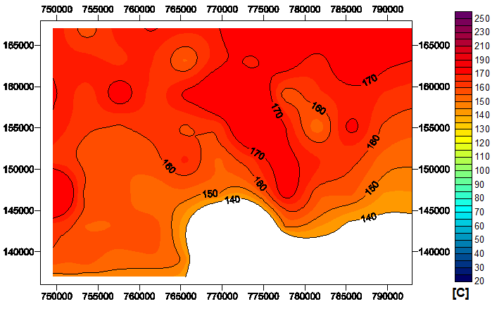 A kutatási terület hőmérsékleti viszonyai Szolnoki formáció tetejének hőmérséklet eloszlás térképe Szolnoki formáció feküjének