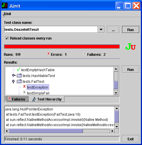 6 FEJEZET 1. A JUNIT TESZTELÉSI KÖRNYEZET 1.2. ábra. A JUnit swing felülete egy sikertelen összetett teszttel.
