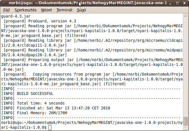 10 / 19 117 A képen a szöveges kimenetet megfigyelve észrevehetjük, hogy a pom.xml állományból a mobil programok obfuszkálását (obfuscation) is elvégezzük. 118 <plugin> 119 <groupid>com.