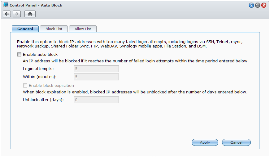Synology DiskStation használati utasítása Gyanús belépési kísérletek automatikus blokkolása Az automatikus blokkolás lehetővé teszi az ön számára a hitelesítetlen bejelentkezés megelőzését.