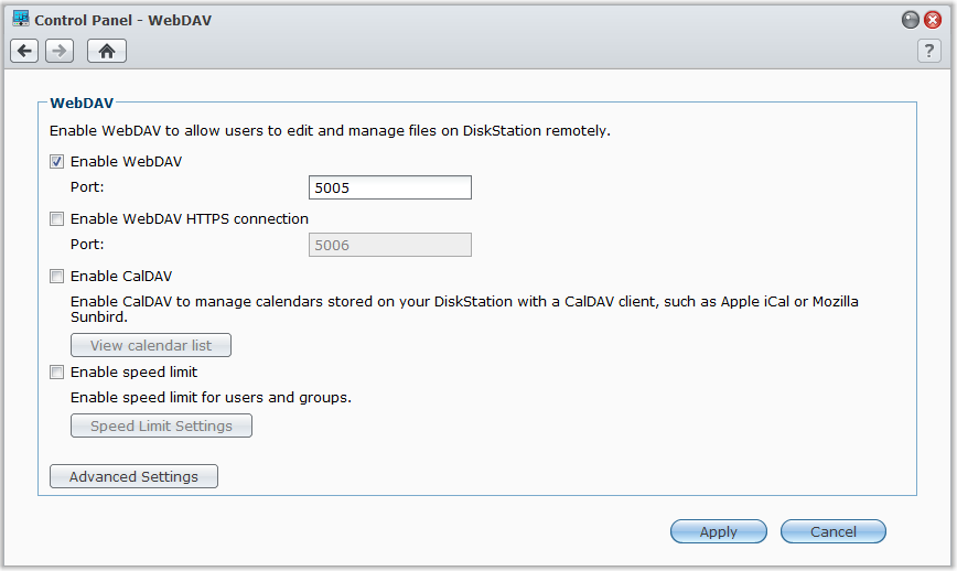 Synology DiskStation használati utasítása Fájlok elérése WebDAV segítségével A WebDAV, illetve a CalDAV engedélyezésével