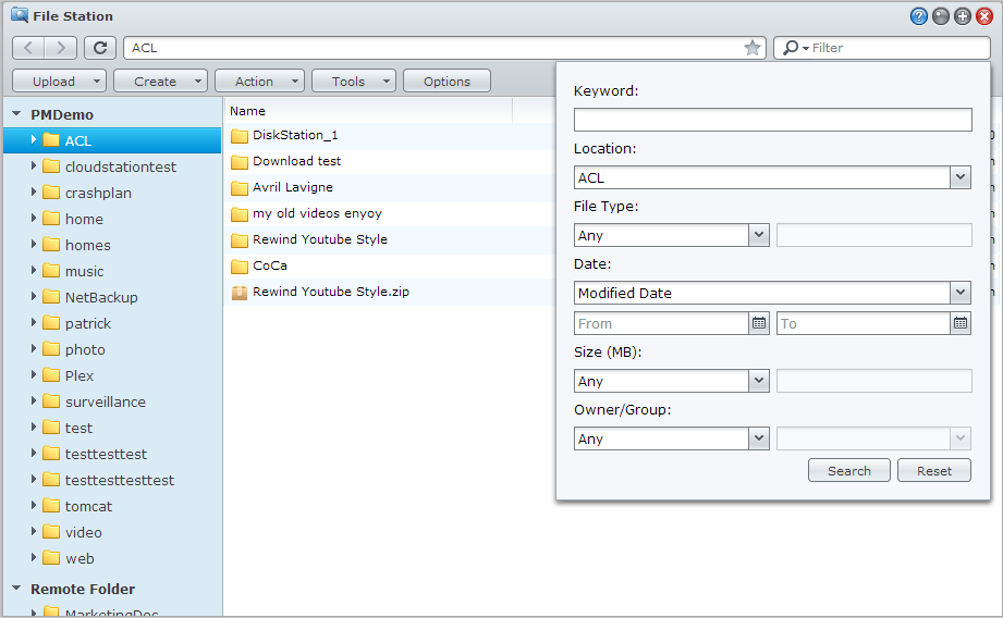 Fájlok és mappák keresése Synology DiskStation használati utasítása Az aktuális mappában található fájlok vagy mappák szűréséhez kulcsszavakat írhat be a File Station jobb felső sarkában található